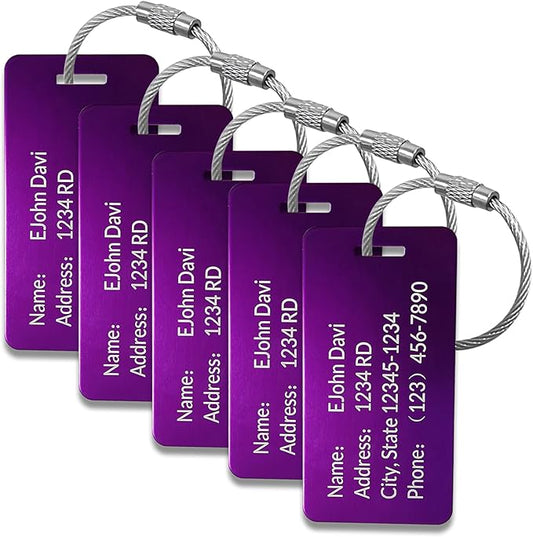 (5pcs) Made in USA Personalized Engraved Luggage tag-Custom Luggage Metal Tags for Unique Suitcase & Backpack Travel, Durable, Waterproof & Heavy Duty ((3.8×2) Purple)