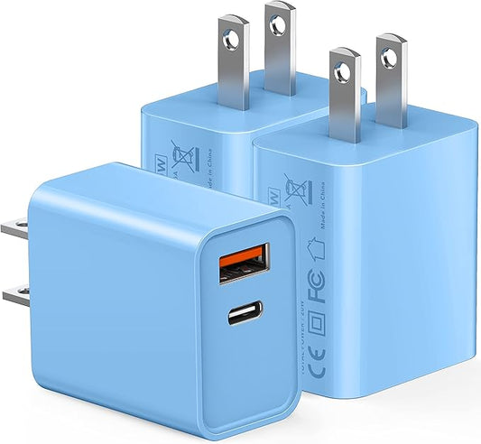 3 Pack Dual Port USB C Charger Block, 20W Power Delivery + QC3.0 USB A Double Port Fast Charging Brick for iPhone 14 15 16 17 Pro Max Plus SE X XS Cube, Quick Charge Plug Adapter (Blue)