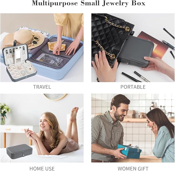 2-Layer Travel Jewelry Box for Women, Portable Jewelry Organizer with Mirror & Removable Dividers, PU Leather Jewelry Case – Gift for Wife, Mom, Girlfriend (Gray White)