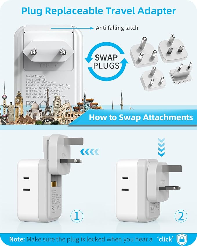 International Travel Adapter Set, US to UK/EU/South Africa/India Universal Power Adapter- 4 AC Outlets 4 USB Ports (2 USB C), Travel Plug Adapter Kit Include Type G/C/M/D Detachable Plug