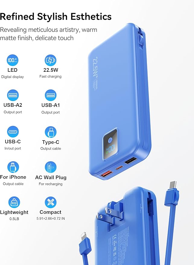 Portable Charger, 12000mAh 22.5W Fast Charging Power Bank with Built-in Cables & Wall Plug, Travel Essentials Battery Pack with LED Display, USB C External Battery Bank for iPhone iPad, Samsung Navy