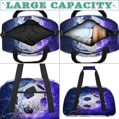 Personalized Kids Duffel Bag for Girls Boys Traveling Sport Soccer Ball Fire Small Sport Gym Bag Custom Overnight Weekender Tote Bag Carry on Teen Dance Bag for Gymnastic Ballet