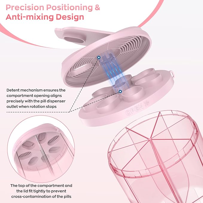 Pill Dispenser with 7 Large Compartments, 4.4" H x 3.6" Dia Pill Organizer for Travel, Supplement Organizer with Anti-Mixing Design, BPA-Free Pill Container with 20 Pcs Labels, Black+ Pink