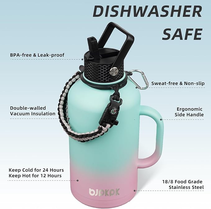 BJPKPK Half Gallon Insulated Water Bottles with Straw Lid & Side Handle, 50oz, 64oz, 87oz, 128oz Large, Stainless Steel Water Bottles with 3 Lids and Paracord Strap, Metal Water Jug,Marshmallow