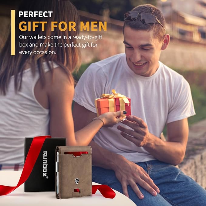 RUNBOX Mens Slim Wallet with Money Clip RFID Blocking Bifold Credit Card Holder for Men with Gift Box