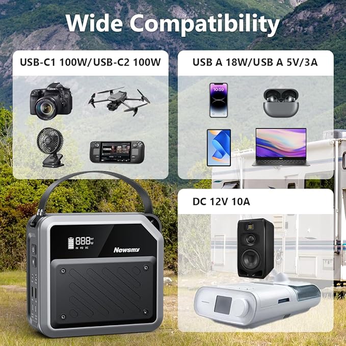 Newsmy Portable Solar Power Station 270Wh/72000mAh, 268W Max Output, 2×100W USB-C PD, LiMnFePO4 Battery with Spotlight for Hiking, Traveling & Emergency, Drone Charging, Compact Power Stations