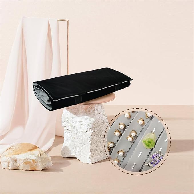 Velvet Travel Jewelry Case Roll Bag Organizer for Necklace Bracelet Earrings Ring (Black) (grey and black)