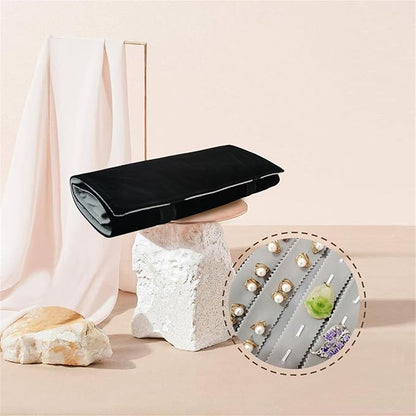 Velvet Travel Jewelry Case Roll Bag Organizer for Necklace Bracelet Earrings Ring (Black) (grey and black)