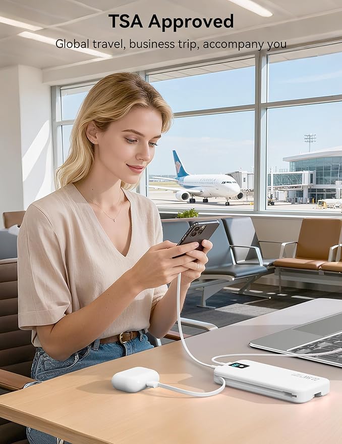 Portable Charger, 12000mAh 22.5W Fast Charging Power Bank with Built-in Cables & Wall Plug, Travel Essentials Battery Pack with LED Display, USB C External Battery Bank for iPhone iPad, Samsung White