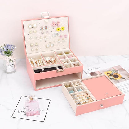 DesignSter Jewelry Organizer Box, 2 Layers Large Jewelry Box with Travel Jewelry Case, Leather Jewelry Storage Case for Rings Earrings Bracelets Necklaces (Pink)