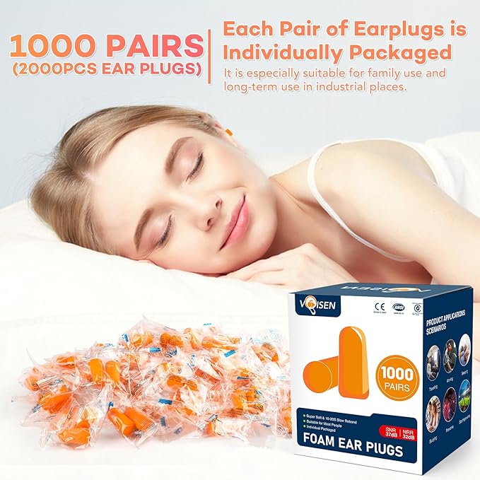 VOISEN Ear Plug,1000 Pairs Ear Plugs for Sleeping,32dB NRR 37dB SNR Ear Plugs Noise Cancelling for Snoring, Studying, Loud Events, Traveling & Concerts, Individual Package