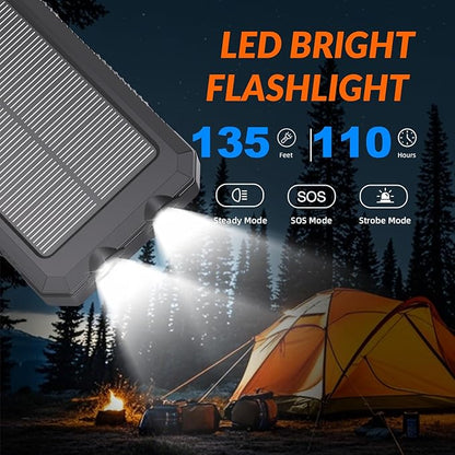 Power Bank Solar Charger 20,000mAh, Portable Phone Charger, 4 Cables Outdoor Waterproof External Backup Power Charger with USB-C for Cell Phones, Solar Battery Pack with Dual Flashlight for Camping