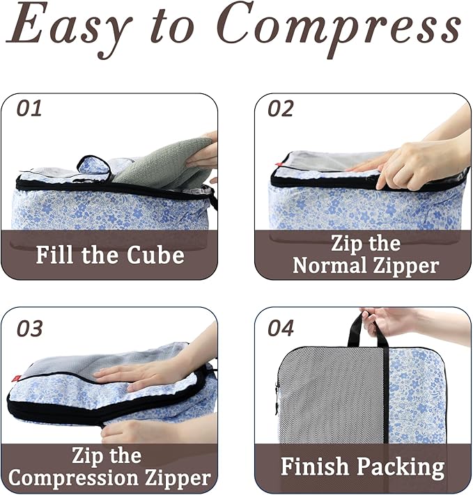 U+U 6 Set Compression Packing Cubes - Ultralight Travel Organizers with Laundry Bag, Space-Saving Suitcase Organizer for Travel, Business Trip and Family Vacation (Blue Flower)