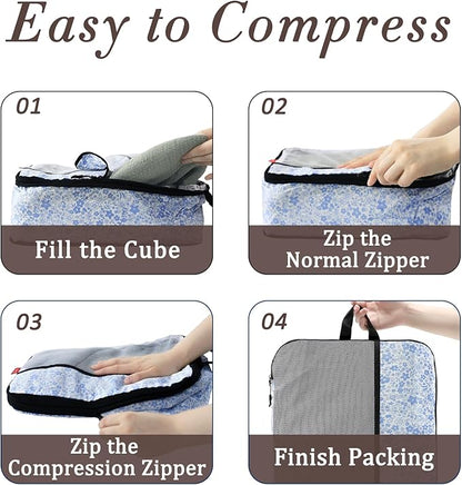 U+U 6 Set Compression Packing Cubes - Ultralight Travel Organizers with Laundry Bag, Space-Saving Suitcase Organizer for Travel, Business Trip and Family Vacation (Blue Flower)