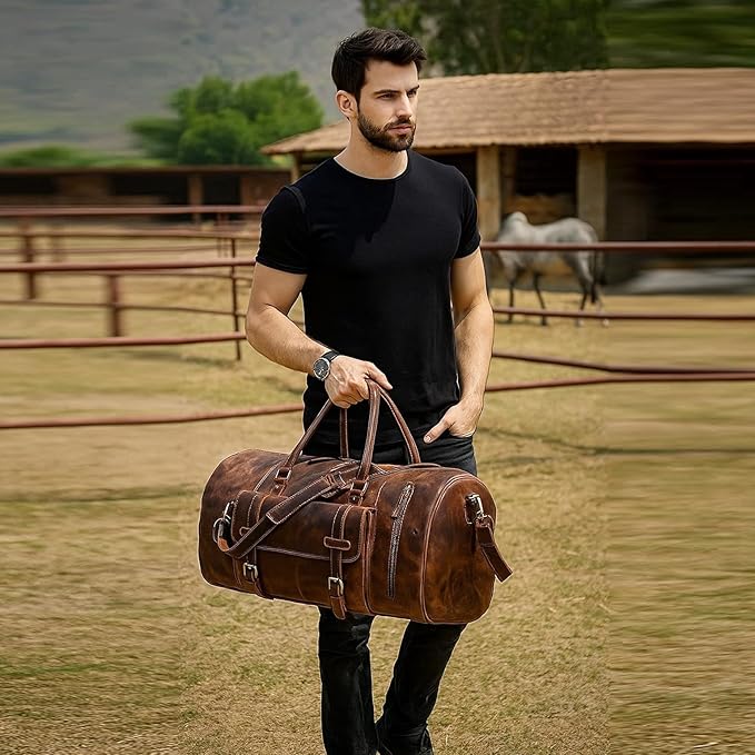 24 Inch Genuine Leather Duffle Bag for Men Travel Overnight Weekender Leather Duffel Bags Sports Gym Duffel for Men and Women Carry On Luggage for Traveling