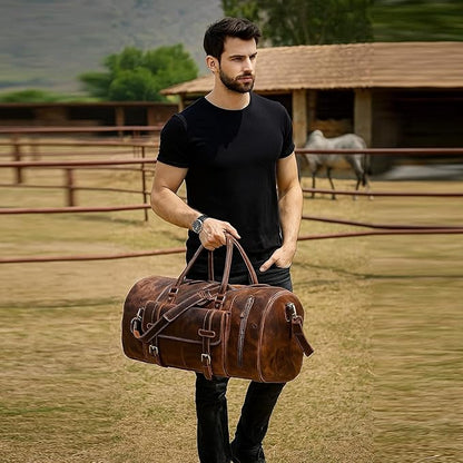 20 Inch Leather Duffel Bags for Men and Women Full Grain Leather Travel Overnight Weekend Bag Sports Gym Duffel for Men