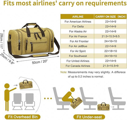 Expandable Canvas Duffel 50cm-58cm, Sturdy Zipper and Reinforced Handles, Lightweight Carry-On Weekender Bag for 3-5 Day Trips, Khaki
