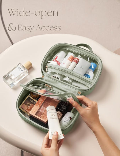 Clear Cosmetic Bag Double Layer Travel Toiletry Bag Clear Makeup Bag Case with 4 Compartments, Transparent Travel Bag for Toiletries, Large Toiletry Bag for Women Cosmetic Case (Sage Green, Small)