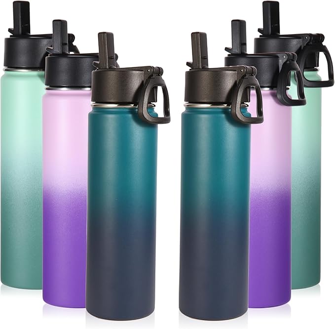 Volhoply 24oz Insulated Water Bottle With Straw Bulk 6 Pack,Metal Wide Mouth Water Bottles With Handle Keep Cold,Reusable Double Wall Cups,Powder Coated Sport Bottle For Holder(Assorted,6 Count)