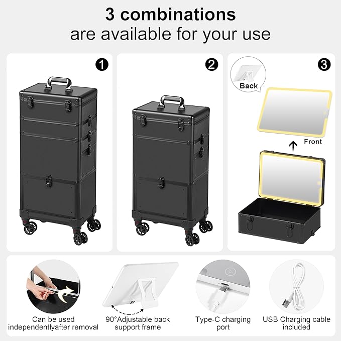 Makeup Train Case with LED Mirror, Rolling Makeup Case with Drawers, Cosmetology Case on Wheels, Gift, Travel Makeup Organizers, Profesional Cosmetic Case for Salon Barber,Nail,Tattoo, Black