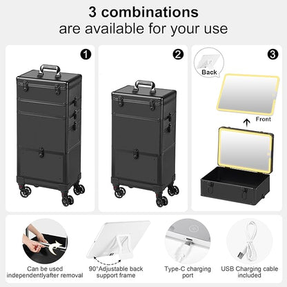 Makeup Train Case with LED Mirror, Rolling Makeup Case with Drawers, Cosmetology Case on Wheels, Gift, Travel Makeup Organizers, Profesional Cosmetic Case for Salon Barber,Nail,Tattoo, Black