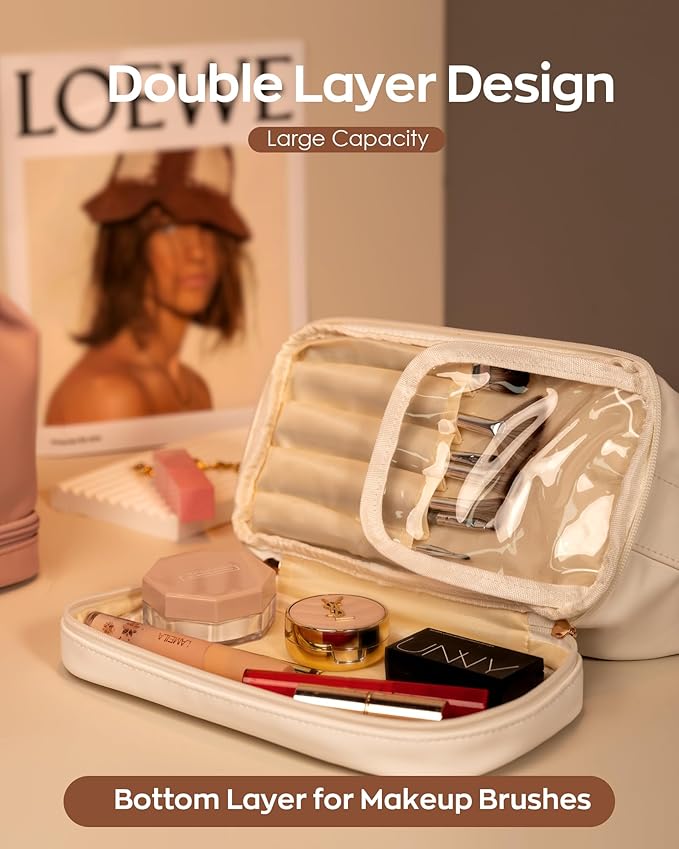 Travel Gifts Initial Cosmetic Bags Personalized Bags with Handle, Double Layer Makeup Bag, Large Capacity PU Leather Makeup Bags Letter Travel Toiletry Bag with Makeup Brush Organizer