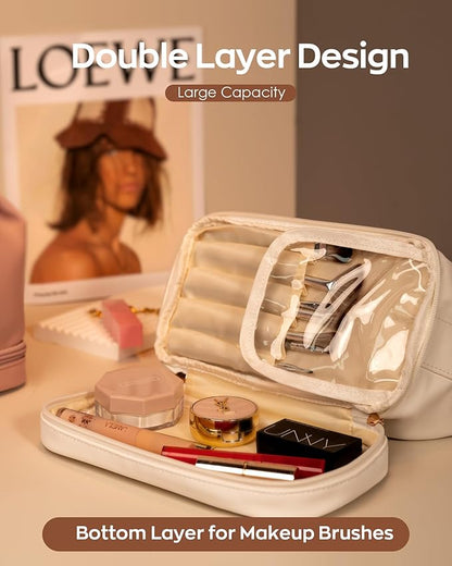 Personalized Makeup Bag, Initial Double Layer Cosmetic Bag with Makeup Brush Organizer, Waterproof, Large Capacity PU Leather Travel Toiletry Bag Retirement Gifts, Daughter Gifts