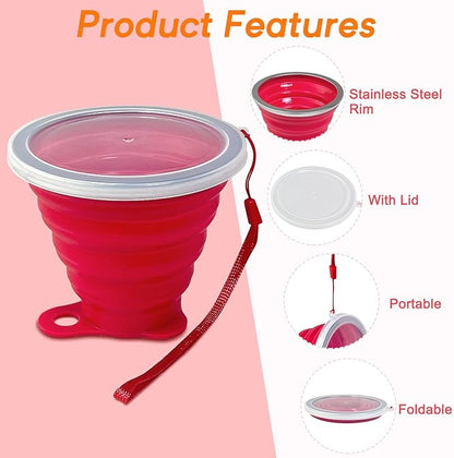 Collapsible Cups for Traveling - Portable Silicone Collapsible Cup with Lid, Reusable Collapsible Cups Drinking for Outdoor Hiking, Picnic, Fishing or Home Use (9.22oz) -4 Pack
