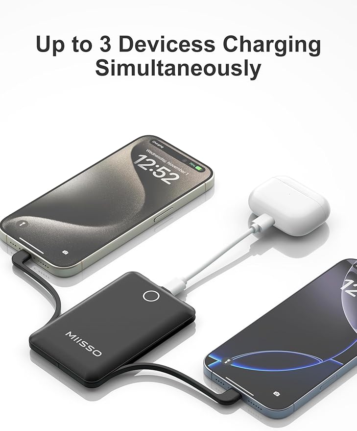 miisso 10000mAh Compatible with iPhone 15/16/17 and Android, Slim Portable Charger with Built in Cable, Power Bank Travel Charger External Battery Pack for Phone, 3 Output USB Type C Cord, Black