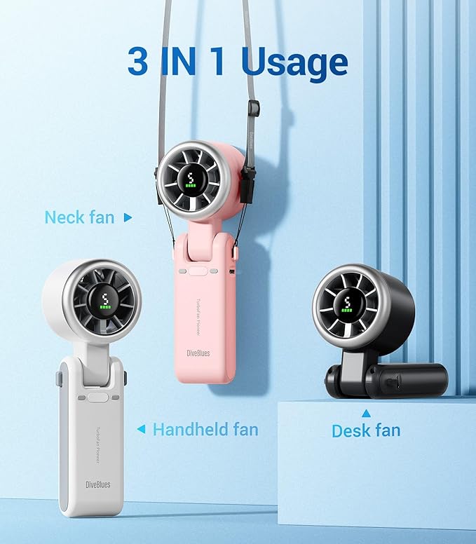 Diveblues Portable Handheld Turbo Fan, 5 Gear Wind, Battery Operated, Up to 12 Working Hours, 3 IN 1 Hand Fan with Air Turbo Tech Cooling Fan for Outdoor Activities, Travel, Working
