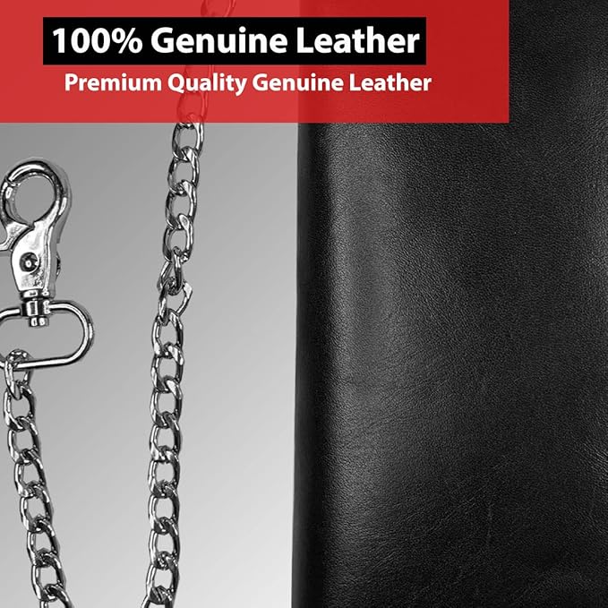CLASSIC Motorcycle Chain Wallet for Men – Premium Cowhide Leather, RFID Bi-Fold Biker Wallet with Heavy Duty Chain for Bikers Truckers & Hunters, Credit Card Money Organizer Long Wallet Aniline Black