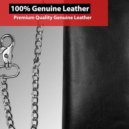 CLASSIC Motorcycle Chain Wallet for Men – Premium Cowhide Leather, RFID Bi-Fold Biker Wallet with Heavy Duty Chain for Bikers Truckers & Hunters, Credit Card Money Organizer Long Wallet Aniline Black