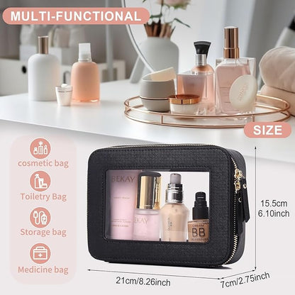 Pinkmik Clear Makeup Bag for Women Waterproof Travel Cosmetics and Toiletries Case Portable Makeup Oaganizer Bag Clear Car Bag with Zipper (Black, M)