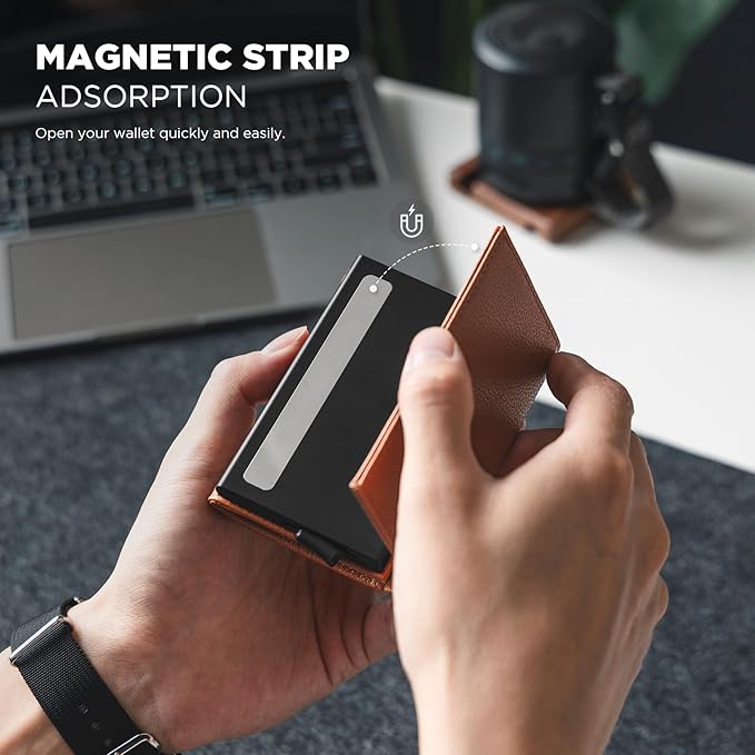 VULKIT Pop up Card Wallet Minimalist Cash Wallets RFID Blocking Leather Smart Credit Card Holder with ID window for Men