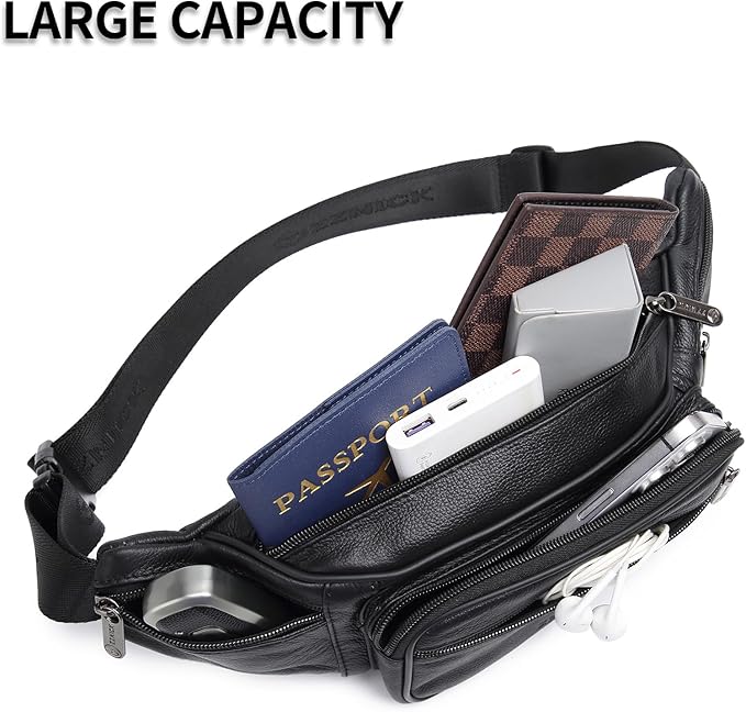 Genuine Leather Fanny Pack/Waist Bag/Organizer with Adjustable Belt, Multiple Pockets For Men and Women