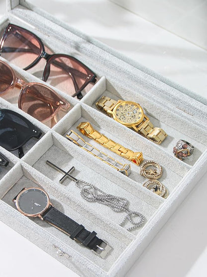 Coward Sunglass Organizer Tray Box, Grey Beige Velvet Eyeglasses Display Tray Case with Transparent Glass Lid for Home Use or Store Shop Selling Show