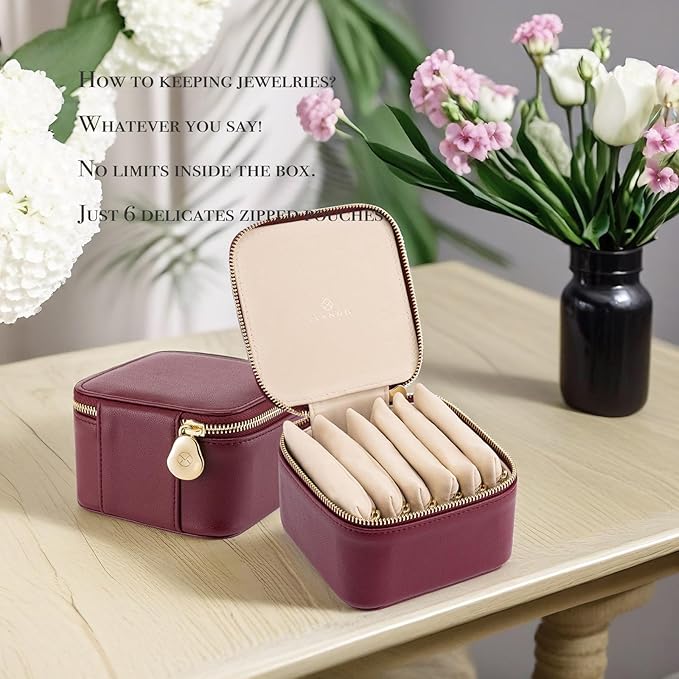 Vlando Travel Jewelry Box Organizer - 6 Small Velvet Zipped Pouches Pockets for Jewelries Necklaces Rings Earrings Sorting Storage, Burgundy