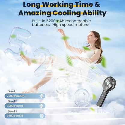 HandFan 5200mAh Portable Handheld Fan, Personal Hand Held Fan USB Rechargeable, 180° Foldable Portable & Detachable Handle Design,3 Speeds Strong Airflow Cooling for Travel/Outdoors/Indoors (Black)