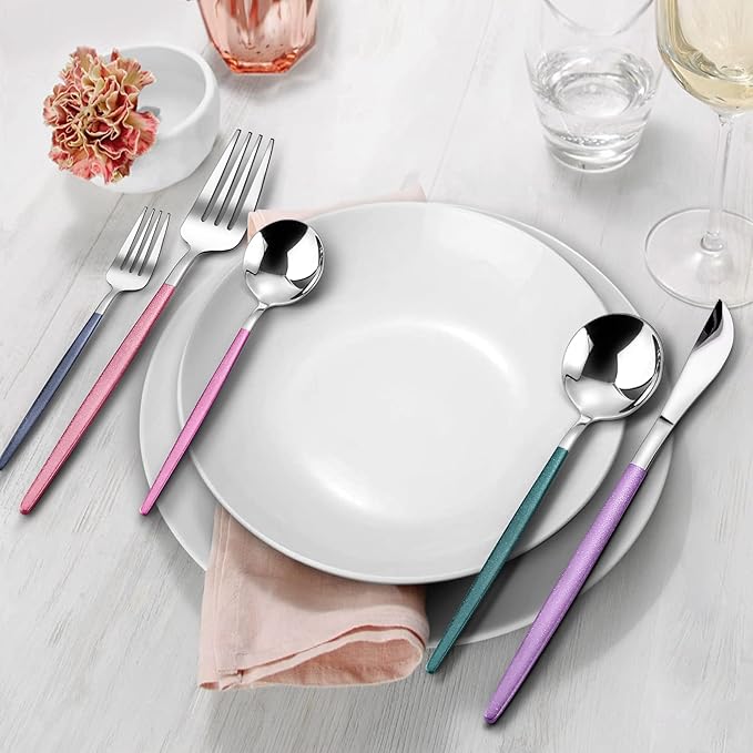Mirror Silver multicolor Silverware Set, 20-Piece Stainless Steel Flatware Set, Satin Finish tableware Cutlery Set, Service for 4, Home and Restaurant, Dishwasher Safe