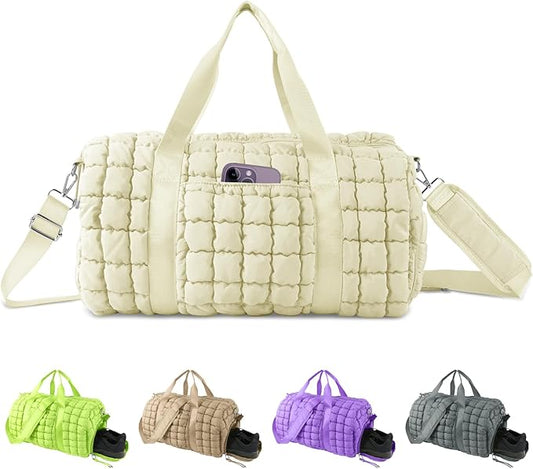 Quilted Travel Duffle Bag Gym Bag for Women,Large Puffer Duffle Weekender Bag with Compartment,Workout Overnight Carry on Organizer Bag Duffle Bag for Airplane Travel(L-Off-white)