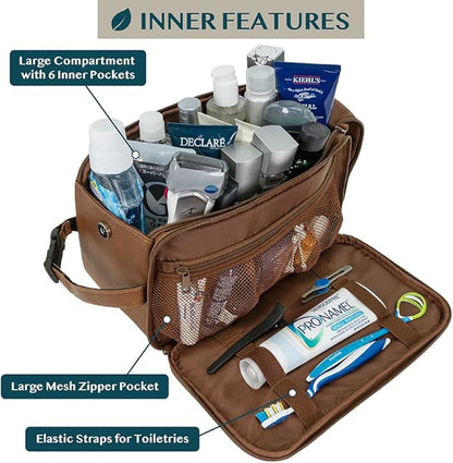 PAVILIA Toiletry Bag for Men, Travel Essentials Shaving Dopp Kit, Mens Travel Bag Toiletries Organizer Case for Grooming, PU Leather Water Resistant Cosmetic Bag Pouch (XL, Brown)