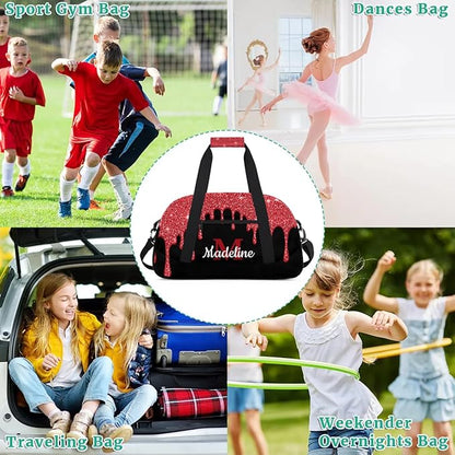 Personalized Kids Sports Duffel Bag with Name Custom Weekender Overnight Bag for Boys Girls Gym Bag Travel Dance Gymnastics Duffel Bag, Red Glitter