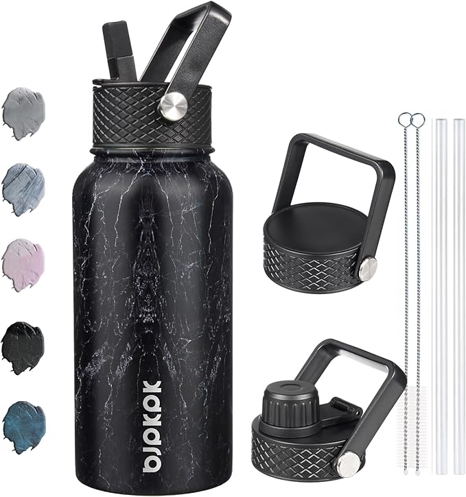 BJPKPK Insulated Water Bottles with Straw Lid, 27oz Stainless Steel Water Bottle with 3 Lids, Leak Proof BPA Free Metal Thermo, Mugs, Tumblers, Keep Cold Hot - Midnight