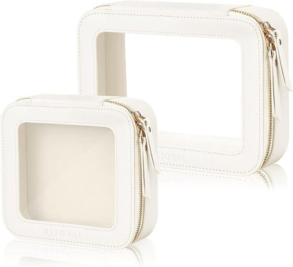 Clear Makeup Bag, Travel Toiletry Bag Cosmetic Case for Women, Waterproof Portable Make Up Skincare Pouch with Zipper, Compact Car Organizer Bag for Essentials, Mini & Medium, Ivory White