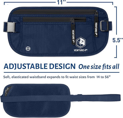 VENTURE 4TH Travel Money Belt - Slim Passport Holder RFID Blocking Travel Pouch to Protect Cash, Credit Cards and Travel Documents (Navy Blue)