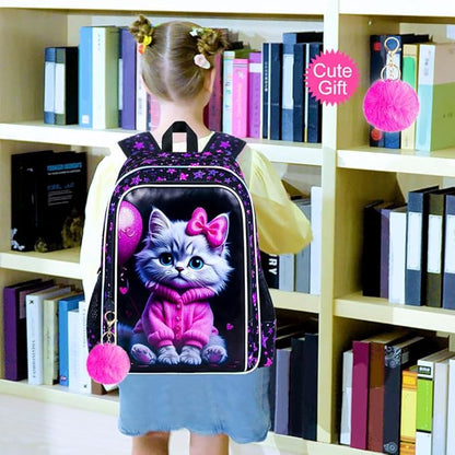WZLVO 3PCS Girls Cat Bookbag Set, 16" Glittery UV Printing Kids Backpack/School Bag with Lunch Box & Pencil Bag for Preschool to Elementary - Pink Well-Behaved Cat