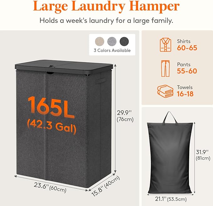 Lifewit 165L Laundry Basket with Lid, Large Laundry Hamper with Plastic Handles and Removable Bag, Foldable Tall Dirty Clothes Hampers for Laundry for Laundry Room, Bedroom, Bathroom, Dorm, Dark Gray