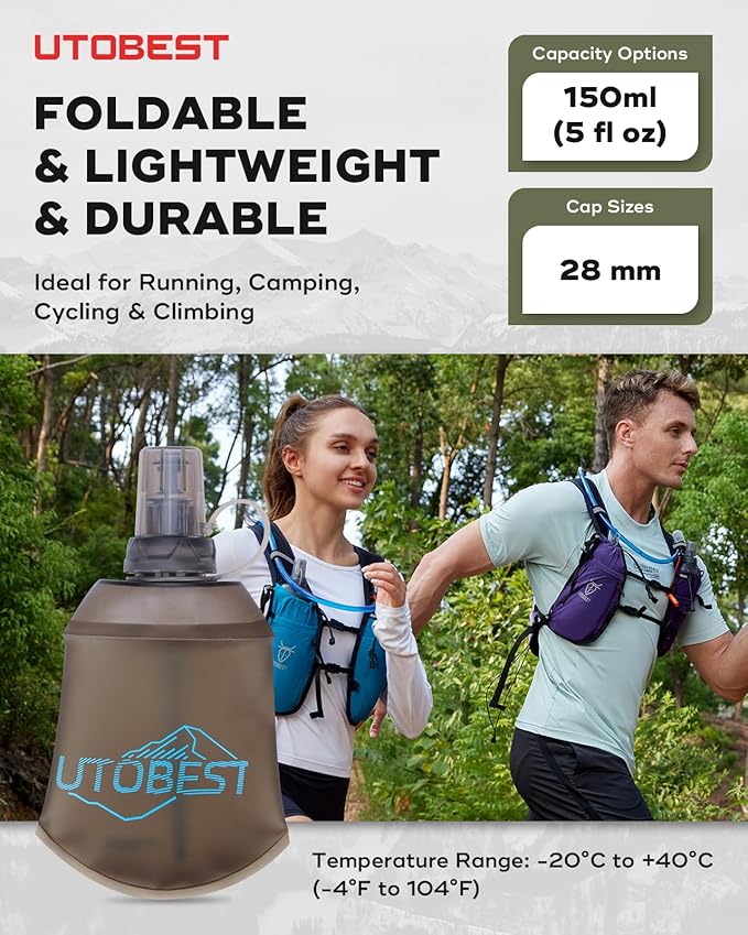 150ml Soft Flask, 2 Pack Flexible TPU Hydration Water Bottle, Collapsible with 28mm Caliber for Running, Hiking, Cycling, Climbing, and Marathon Blue