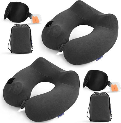 2 Pack Inflatable Travel Neck Pillows for Airplanes, Head Support Velvet Adult Neck Pillows for Long Flight, Kit with Eye Mask, Earplugs and Storage Bag, 2, Dark Gray