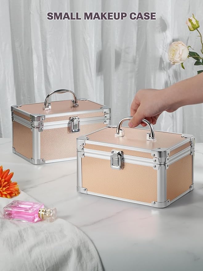 Qislee Makeup Box Mini with A Detachable Lighted Mirror, Waterproof Small Makeup Case,Cosmetic Organizer and Travel Train Case with Magnetic LED Mirror(Silver Frame Rose Gold)